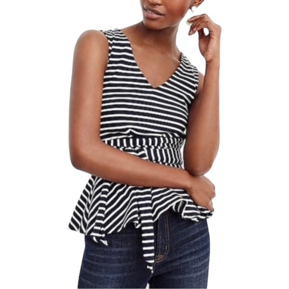 J. CREW | Navy Blue White Striped Peplum Tie Waist Tank Top XS